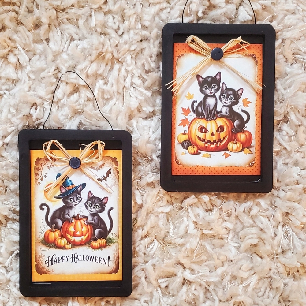 🆕️ Halloween Cat Wall Decor Wood Ornaments with Pumpkins, Set Of Two